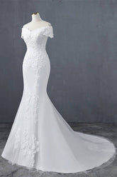 White Floral Lace Off-the-Shoulder Trumpet Wedding Dress